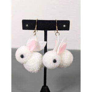 White Pom‎ Pom Rabbit Dangle Earrings Easter Fuzzy